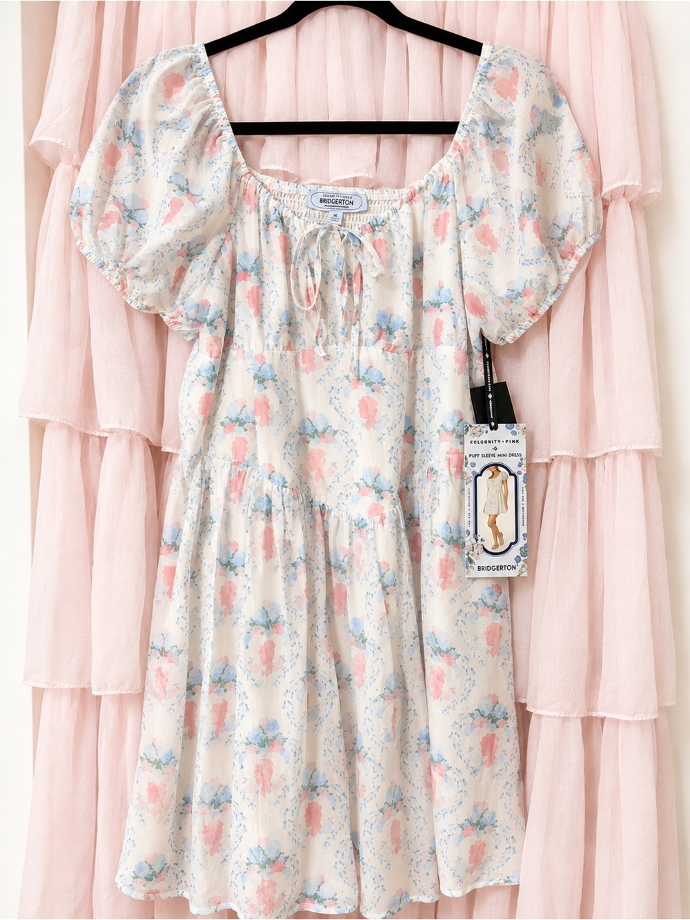 Bridgerton Cream Floral Puff-Sleeve Mini Dress